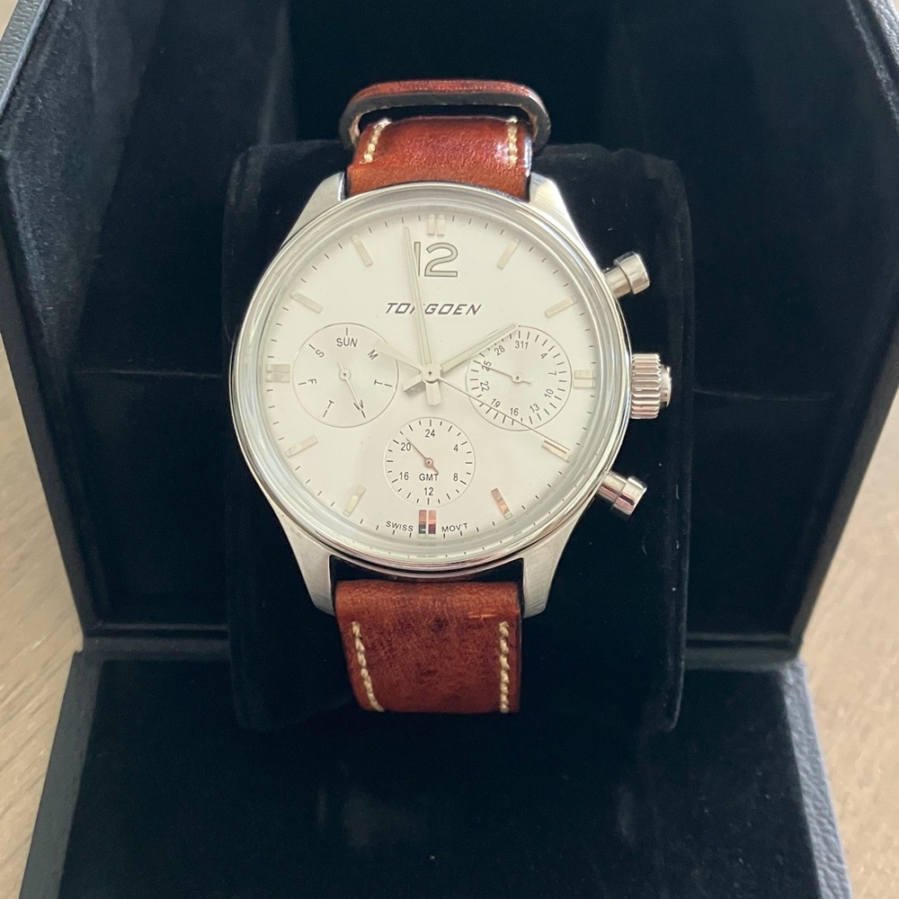 43mm Torgoen Silver Watch, White Face with Brown Leather Strap